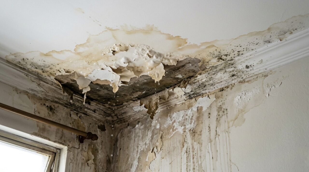 Homem paga R$ 7.800 para impermeabilizar a laje de 65 m² e descobre que a infiltração voltou na primeira semana de chuva forte, deixando manchas no teto, água escorrendo pelas paredes e a dúvida sobre quem deve pagar pelo novo reparo