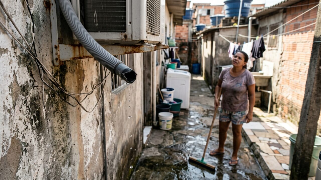 Vizinho instala ar-condicionado no quarto e moradora percebe que a água do aparelho cai diante da sua porta, mantendo molhado o único caminho entre a cozinha e a área de serviço