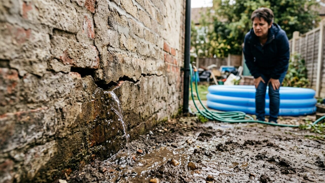 Depois que uma família instala piscina inflável grande no quintal, vizinho reclama que a água do esvaziamento passa por baixo do muro e encharca sua horta