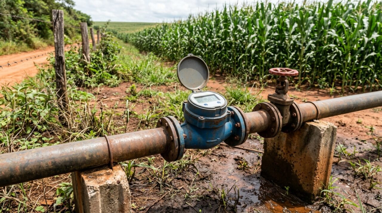 Hidrômetro agrícola instalado em tubulação de irrigação mede o volume de água utilizado em uma plantação de milho.