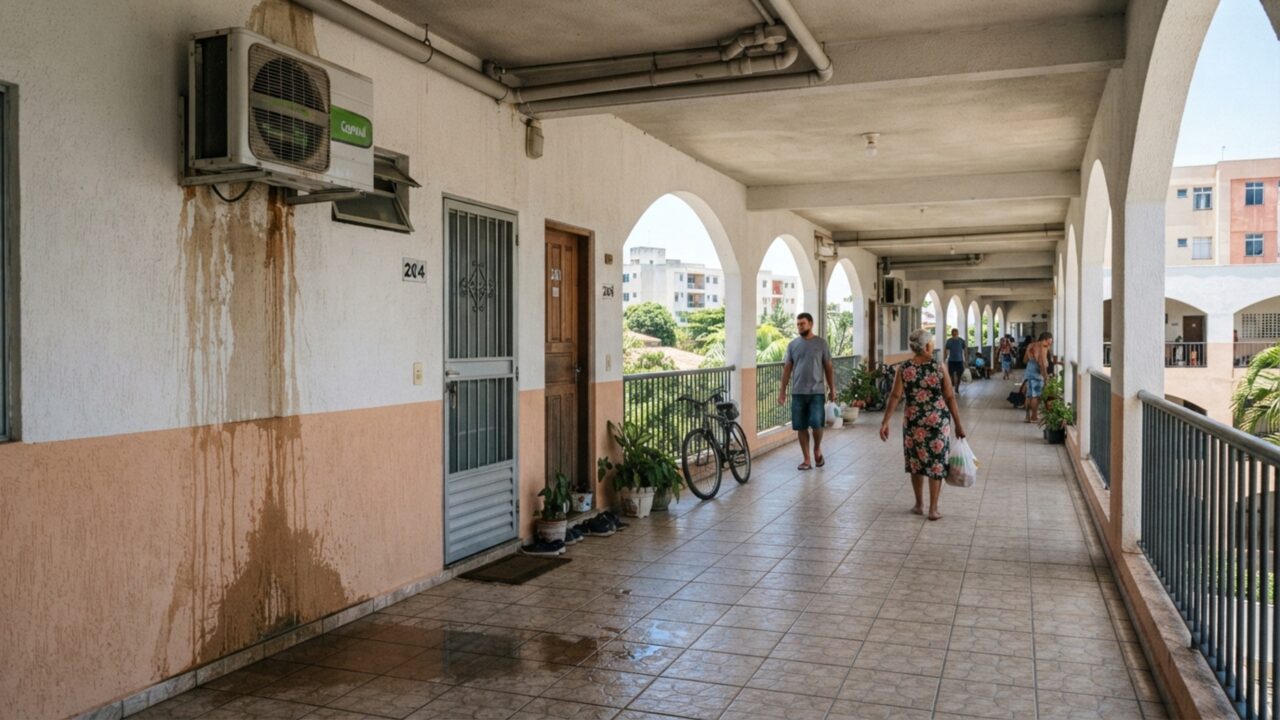 Família muda a saída do ar-condicionado para longe da janela e percebe depois que a mangueira de drenagem passou a despejar água exatamente sobre a passagem usada pelo vizinho