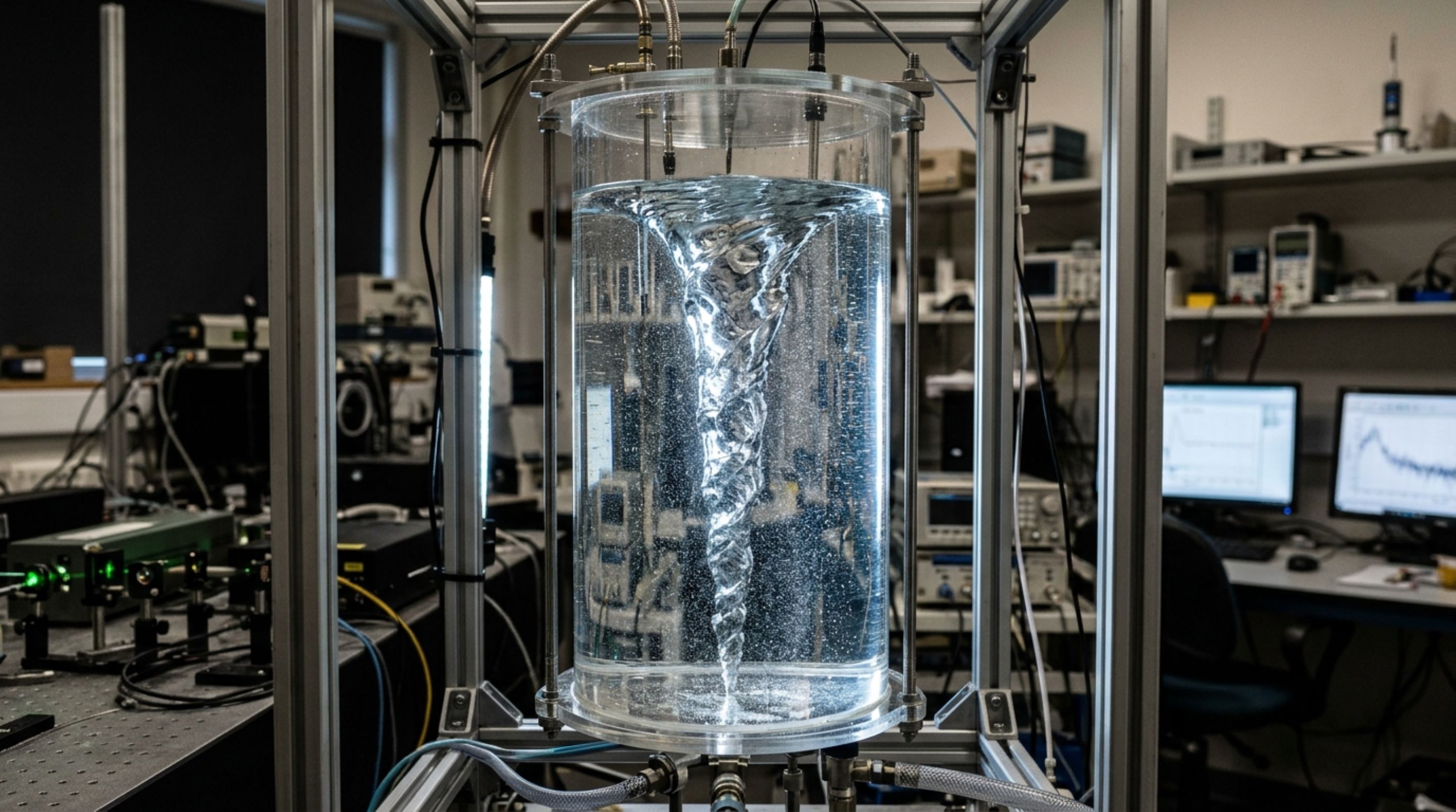 Um redemoinho de laboratório mostrou pela primeira vez uma turbulência prevista há quase 150 anos: ondas em espiral passaram energia para escalas cada vez menores