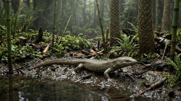 Reconstrução de Westlothiana lizziae, tetrápode de 345 milhões de anos que combinava membros com dedos e estruturas internas associadas às brânquias