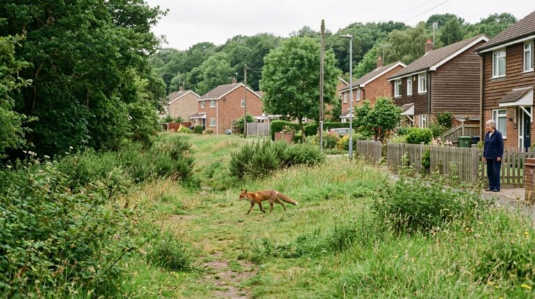 Animal silvestre atravessa área residencial próxima à vegetação