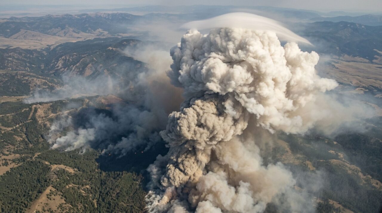 Uma nuvem de incêndio cresceu tão rápido que ganhou um pequeno chapéu branco no topo antes de desaparecer