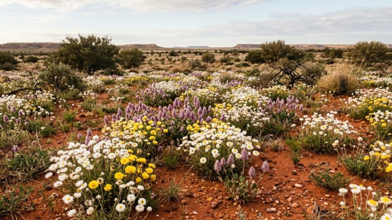 O deserto vermelho da Austrália virou um tapete de flores depois de chuvas raras e satélites registraram a transformação em grande escala