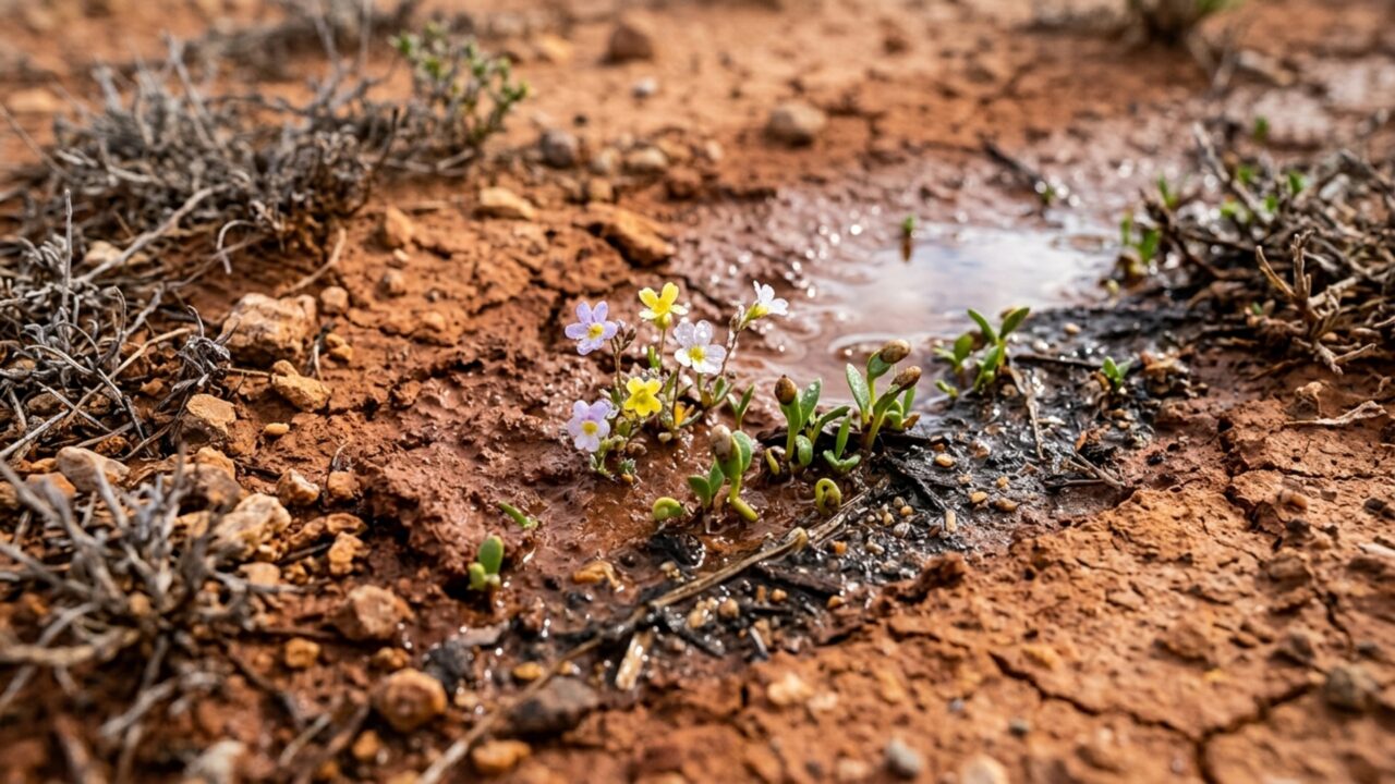 O deserto vermelho da Austrália virou um tapete de flores depois de chuvas raras e satélites registraram a transformação em grande escala