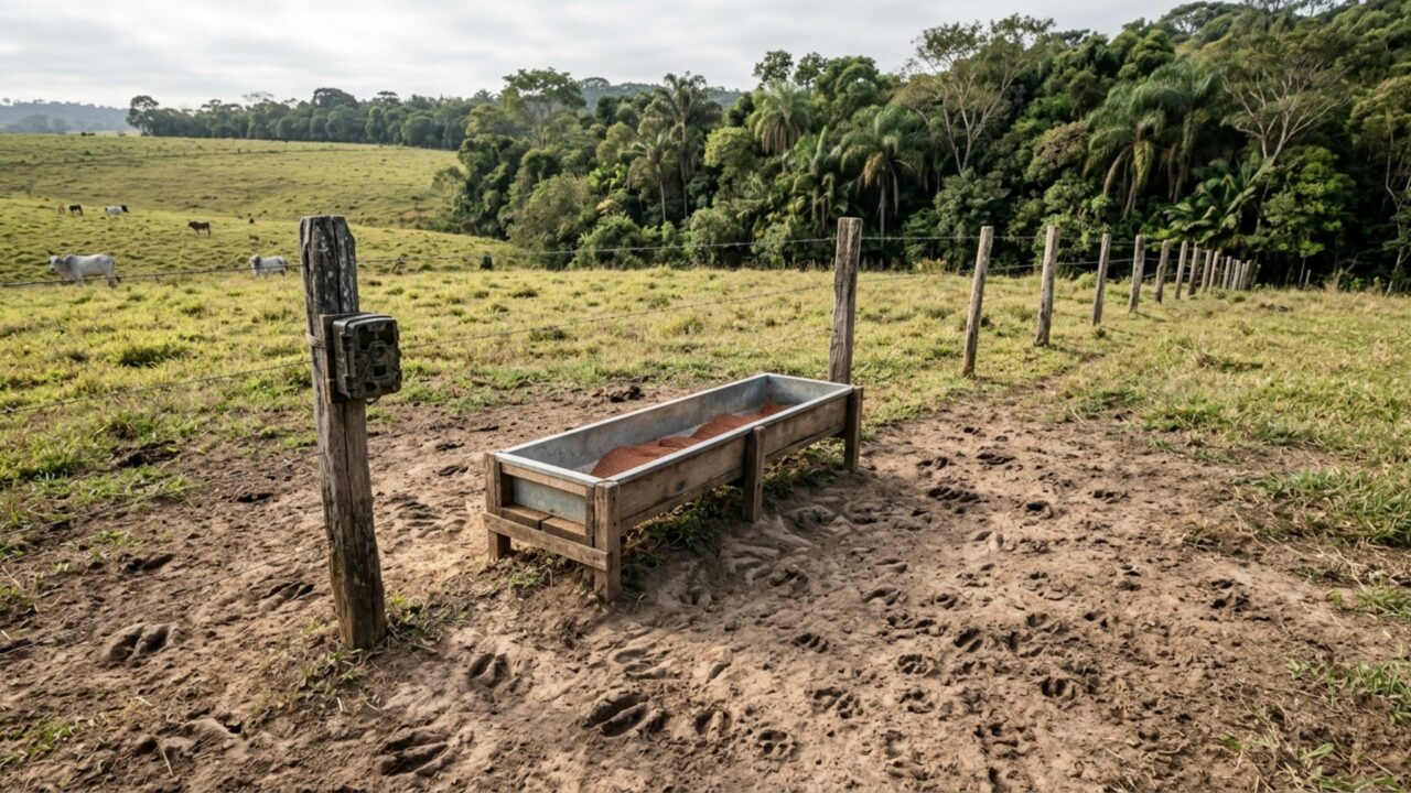 Produtor deixa sal mineral para o gado e começa a encontrar pegadas desconhecidas ao redor do cocho; câmera instalada na semana seguinte revela visitantes que vinham da mata durante a madrugada