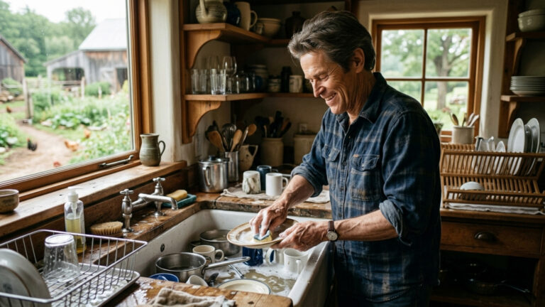 Willem Dafoe, 71 anos Nunca estou mais feliz do que lavando louça, limpando esterco de animais ou fazendo coisas simples