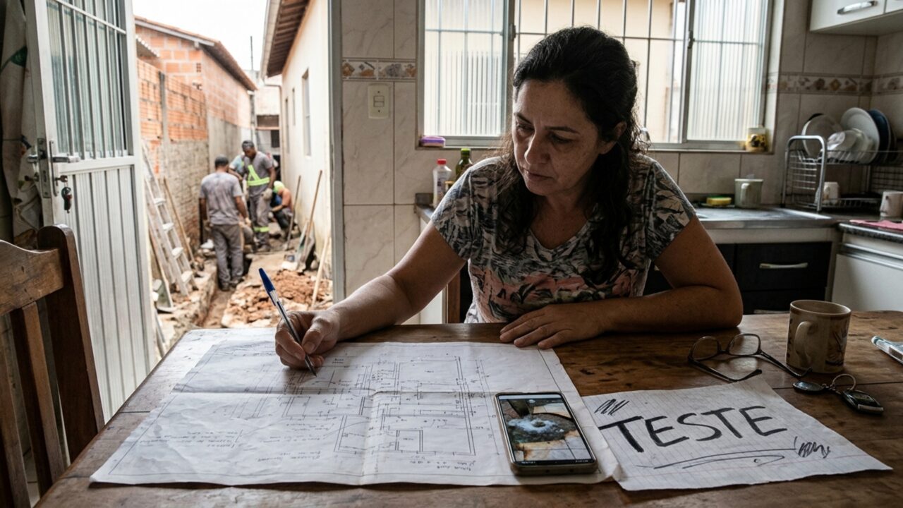 Empresa faz um teste de escoamento durante a reforma de uma casa e moradora do imóvel ao lado encontra água com resíduos saindo pelo ralo de sua lavanderia