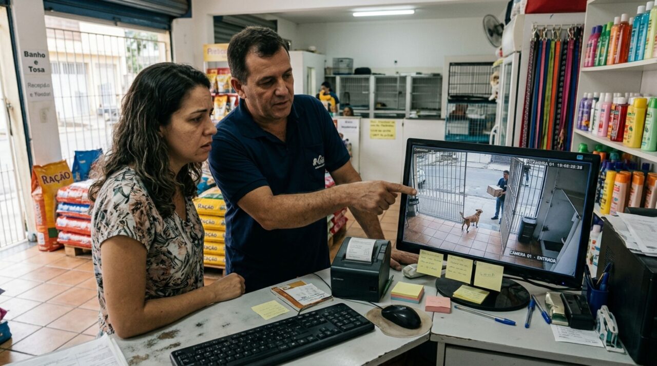 Tutora deixa o cachorro no pet shop para banho, recebe uma ligação dizendo que o animal desapareceu e passa horas procurando pelas ruas, mas as imagens da entrada mostram que ele saiu quando um funcionário abriu o portão para receber uma entrega