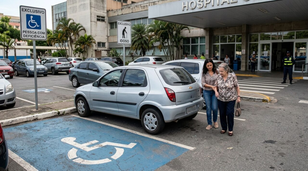 Filha leva a mãe idosa ao hospital, estaciona em uma vaga reservada para pessoas com deficiência e descobre que a credencial de idoso não autoriza utilizar qualquer espaço especial