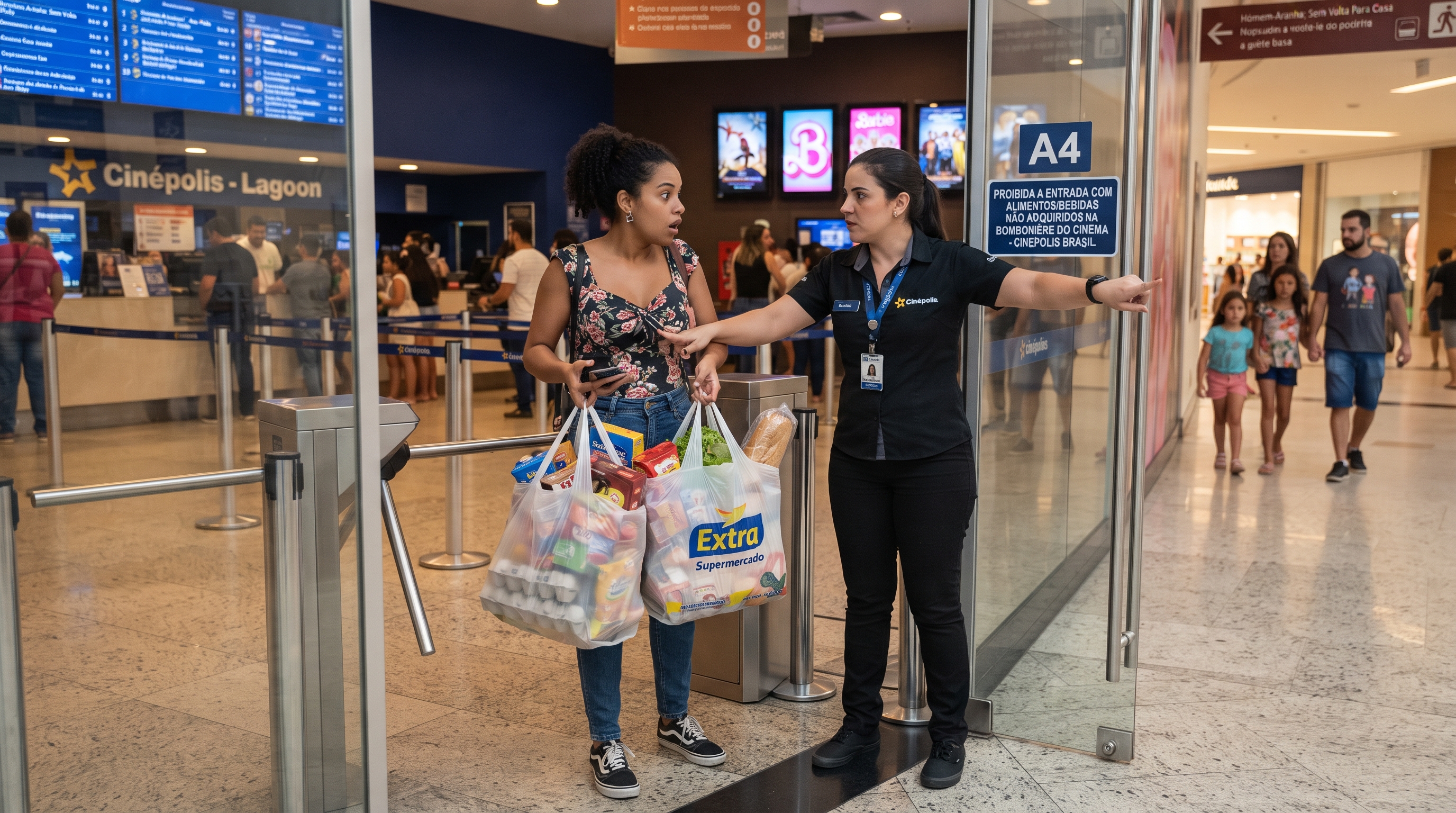 Jovem compra salgadinho e refrigerante no supermercado, tenta entrar no cinema do shopping e é barrada por seguranças alegando que só alimentos da própria bomboniere são permitidos