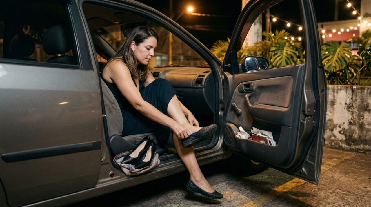 Mulher sai de uma festa usando sapatos de salto fino, acredita que a legislação só proíbe chinelos e descobre por que a altura e o formato do calçado também podem causar problemas ao dirigir