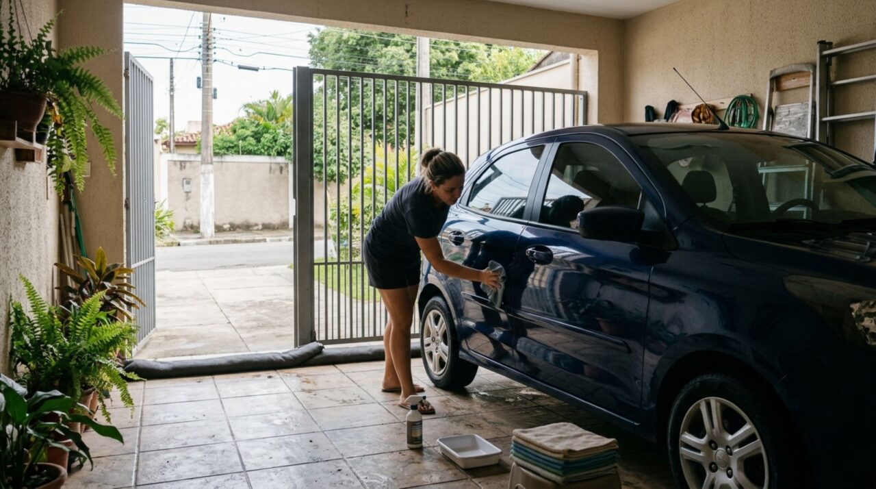 Homem lava o carro na garagem e depois deixa água e espuma escorrerem para a rua, sem imaginar que o descarte pode gerar problemas dependendo das normas municipais e dos riscos criados na via