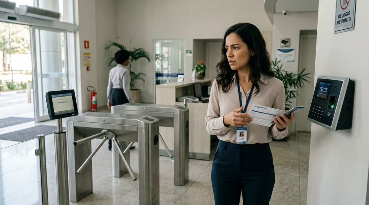 Trabalhadora chega antes do início do expediente, recebe descontos por atrasos durante três semanas e é advertida pela chefia, mas os registros da catraca mostram que o relógio de ponto marcava um horário diferente do acesso à empresa