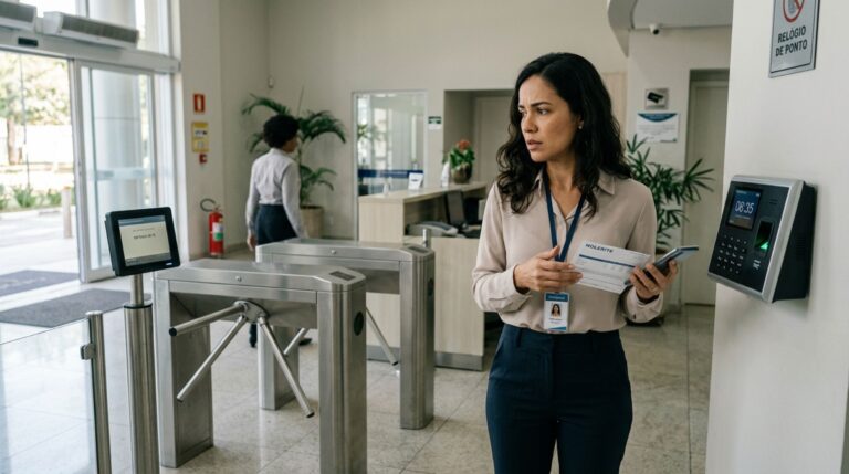 Trabalhadora chega antes do início do expediente, recebe descontos por atrasos durante três semanas e é advertida pela chefia, mas os registros da catraca mostram que o relógio de ponto marcava um horário diferente do acesso à empresa