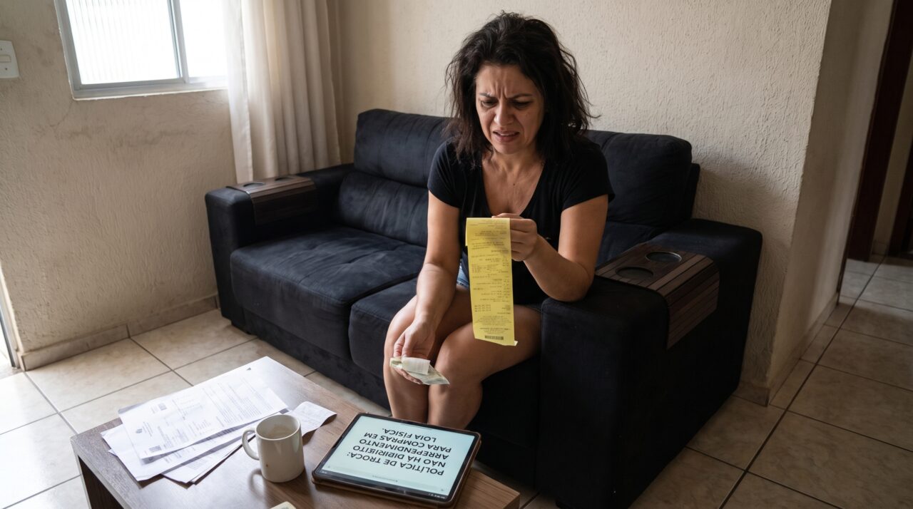 Consumidor compra um sofá em loja física, percebe em casa que o móvel não cabe na sala e descobre por que a devolução não funciona como nas compras pela internet