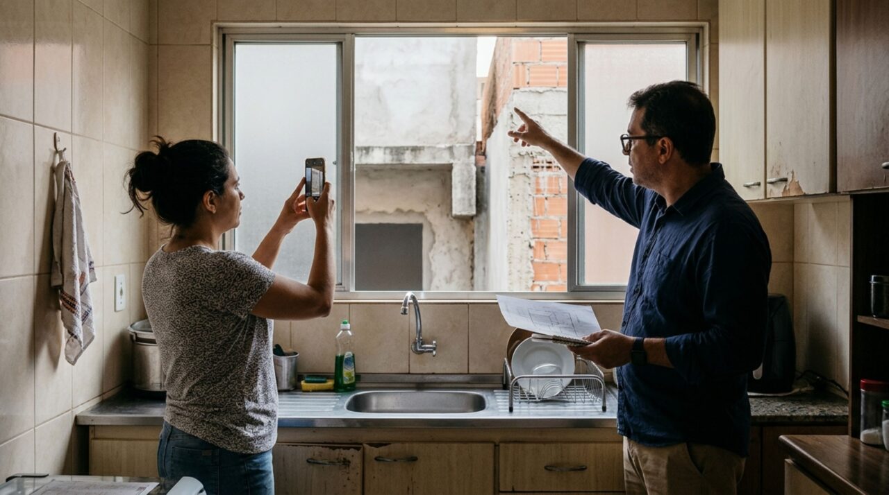 Vizinho constrói um segundo andar para ampliar a casa e moradora percebe que a janela da cozinha deixa de receber luz natural durante quase toda a manhã