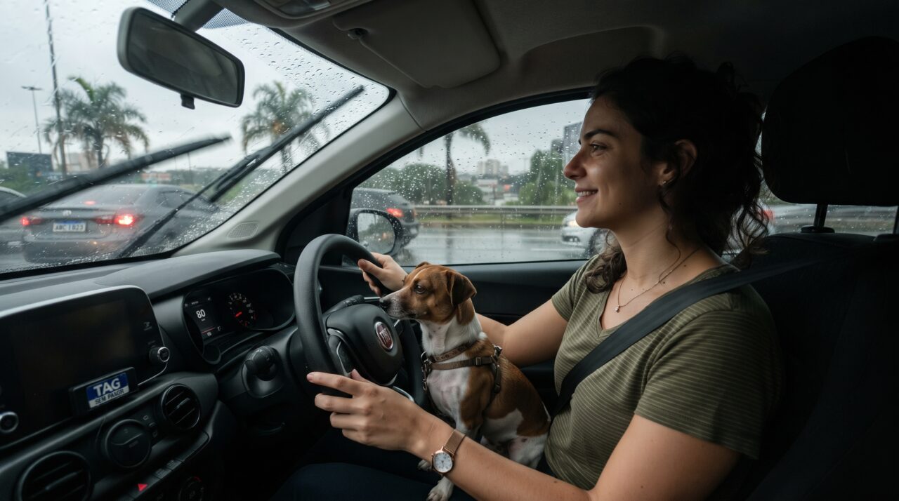 Dona de pet coloca o cãozinho assustado no colo durante temporal, passa por viatura de trânsito e recebe multa mesmo dirigindo devagar