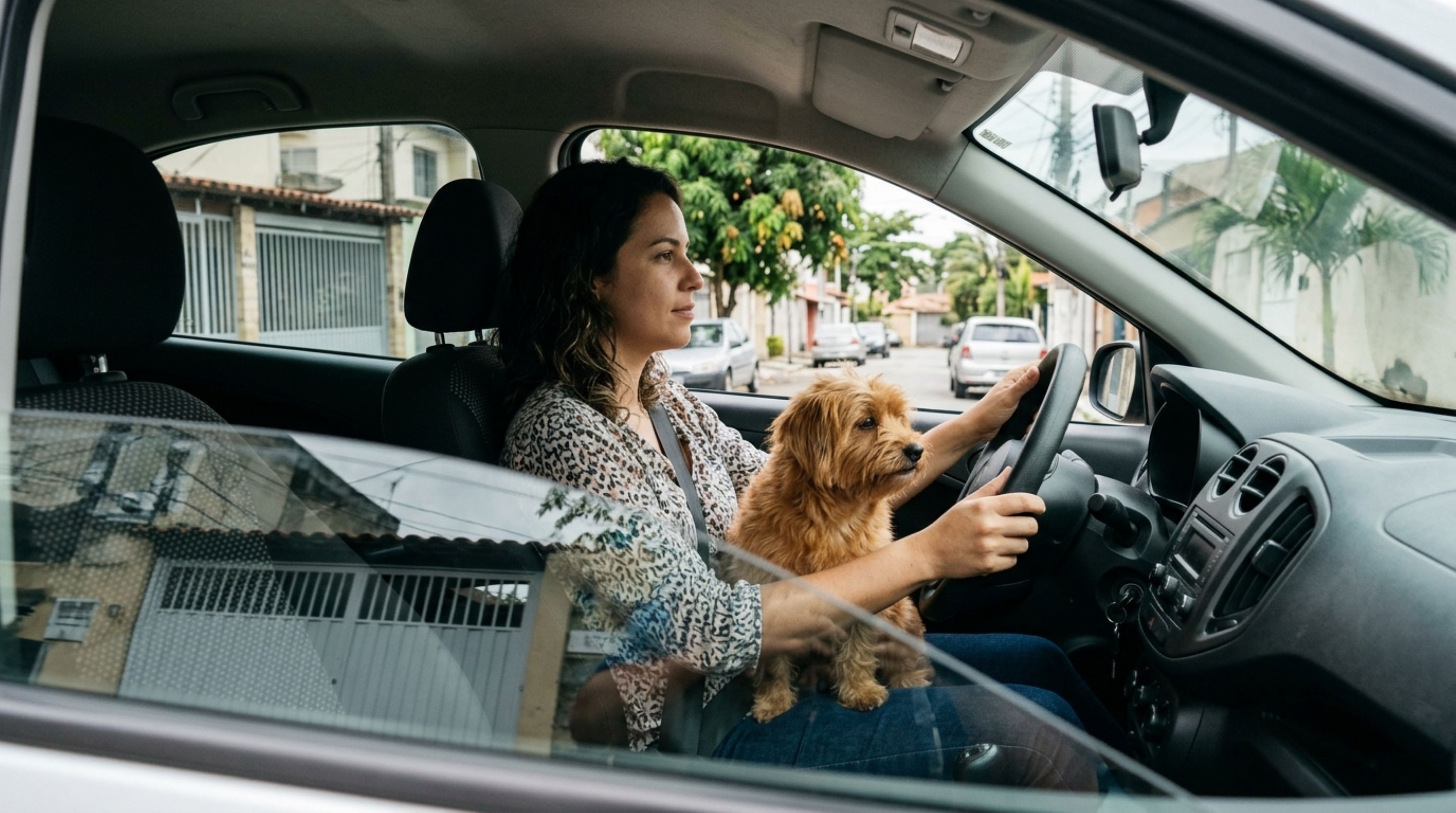Mulher dirige com o cachorro pequeno no colo porque o animal fica agitado no banco traseiro, é abordada durante o trajeto e descobre por que o tamanho do pet não afasta as regras de segurança