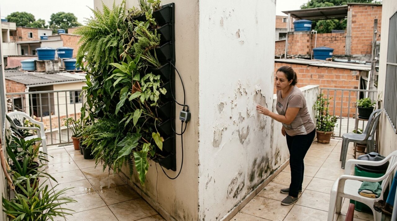 Morador instala um jardim vertical com irrigação automática sobre o muro da varanda e vizinha percebe a pintura do outro lado começando a descascar