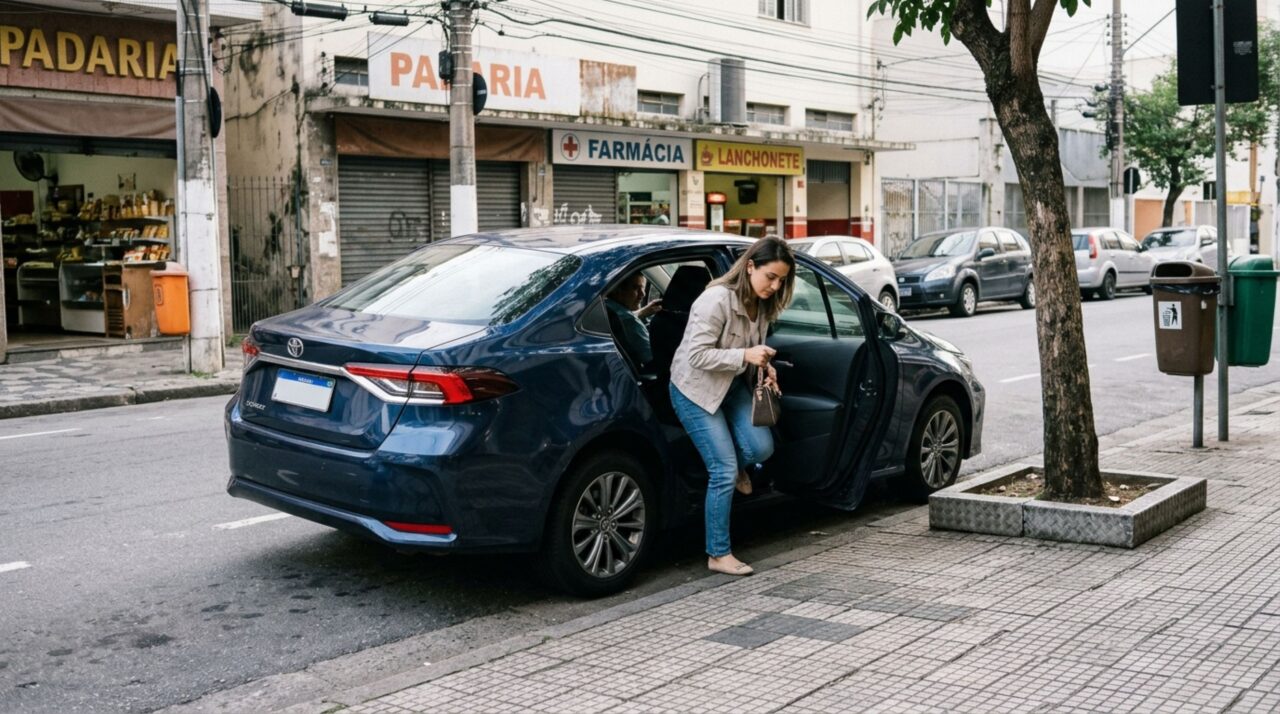 Motorista de aplicativo tenta desembarcar uma passageira no lado esquerdo de uma avenida movimentada e descobre por que a escolha da porta pode colocar pessoas em risco e contrariar as regras de segurança