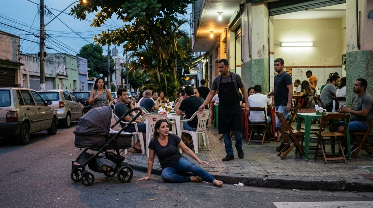 Restaurante amplia o número de mesas na calçada todas as noites, obriga uma mulher com carrinho de bebê a passar pela rua e enfrenta reclamações após uma queda, enquanto fotografias mostram quanto espaço restava para os pedestres