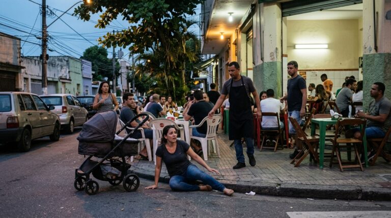 Restaurante amplia o número de mesas na calçada todas as noites, obriga uma mulher com carrinho de bebê a passar pela rua e enfrenta reclamações após uma queda, enquanto fotografias mostram quanto espaço restava para os pedestres
