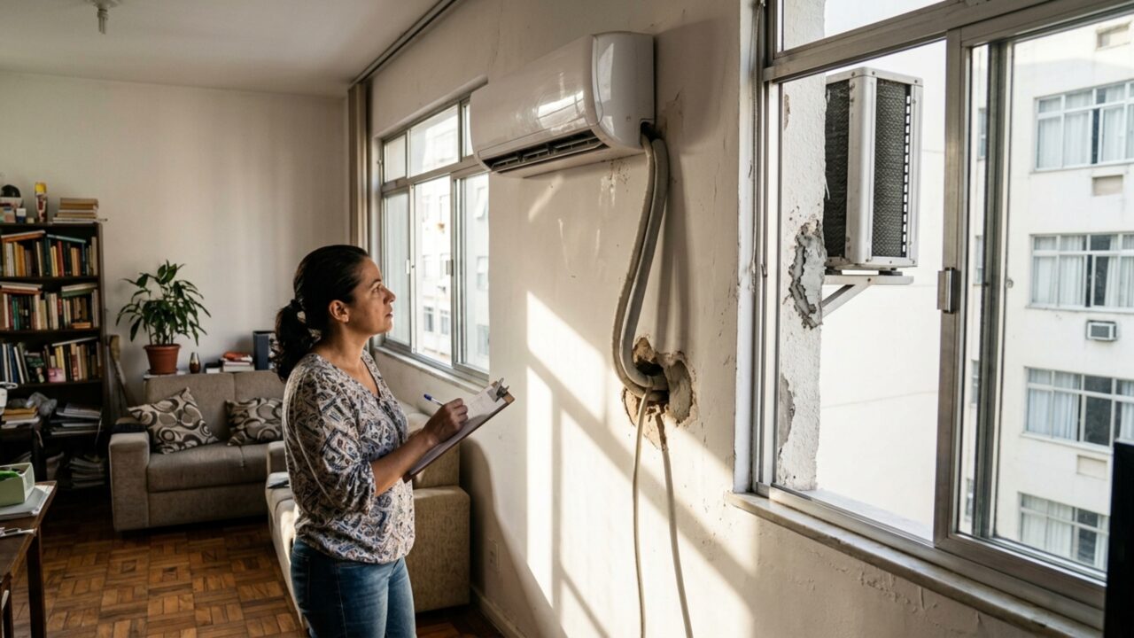 Inquilino coloca ar-condicionado no quarto com autorização verbal e, na entrega do apartamento, proprietário exige que parede e fachada voltem exatamente ao estado anterior