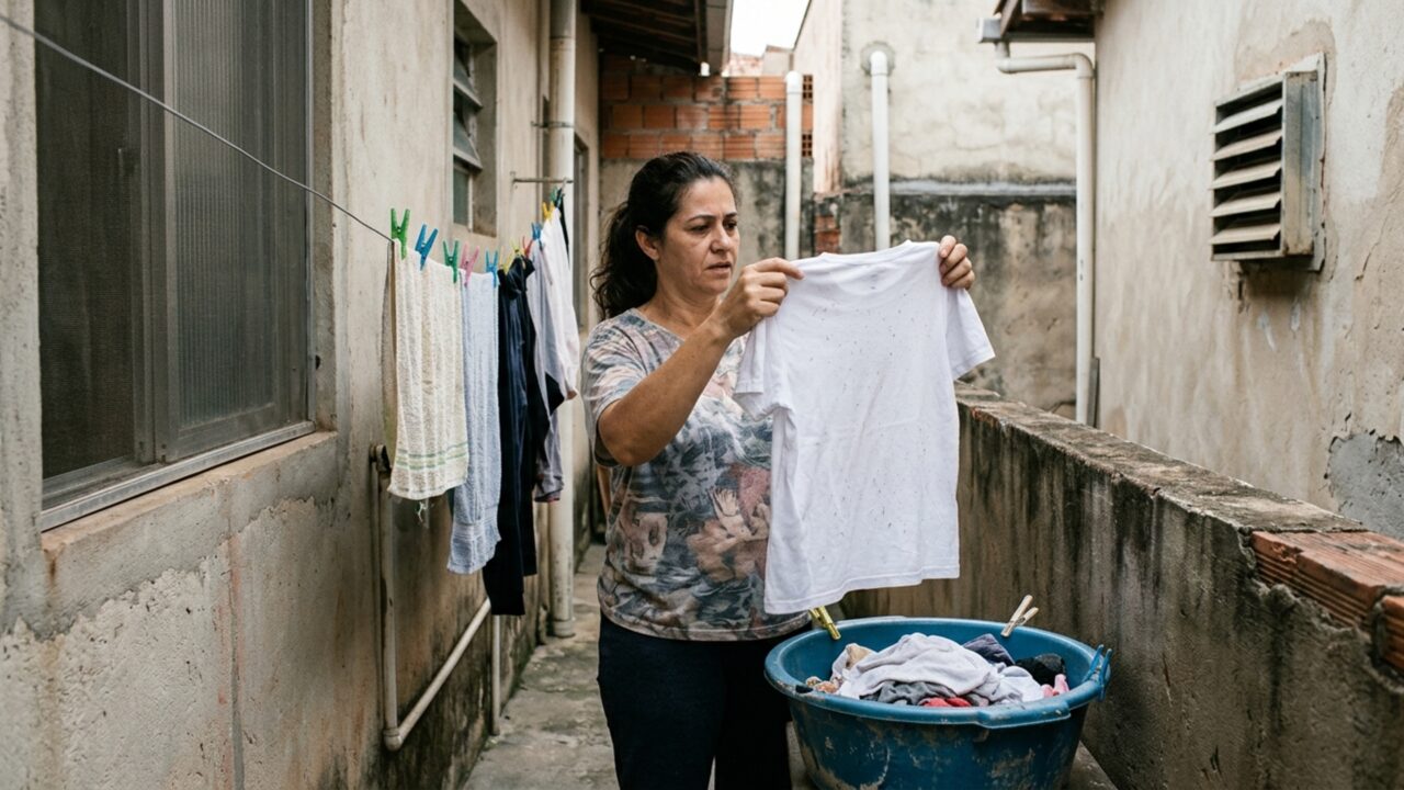 Moradora instala uma secadora na lavanderia e vizinha começa a encontrar fiapos nas telas das janelas e sobre as roupas que deixa secando no corredor lateral