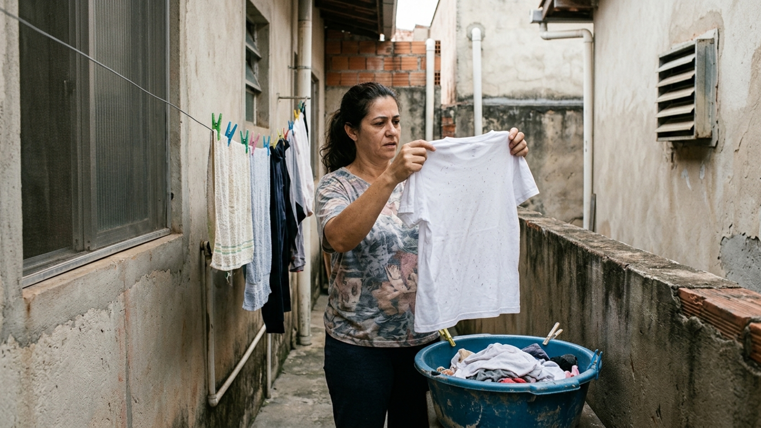 Moradora instala uma secadora na lavanderia e vizinha começa a encontrar fiapos nas telas das janelas e sobre as roupas que deixa secando no corredor lateral