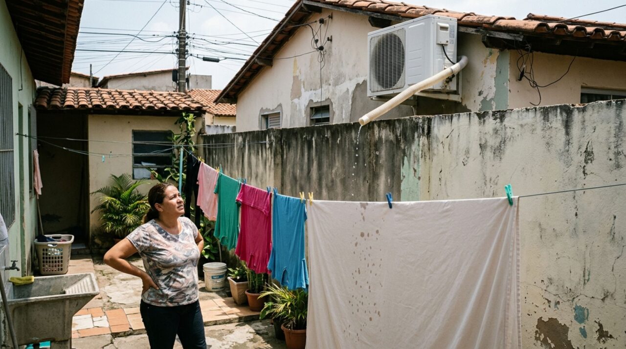 Morador instala um ar-condicionado na parede externa para enfrentar o calor e vizinha percebe gotas caindo diariamente sobre as roupas estendidas no quintal