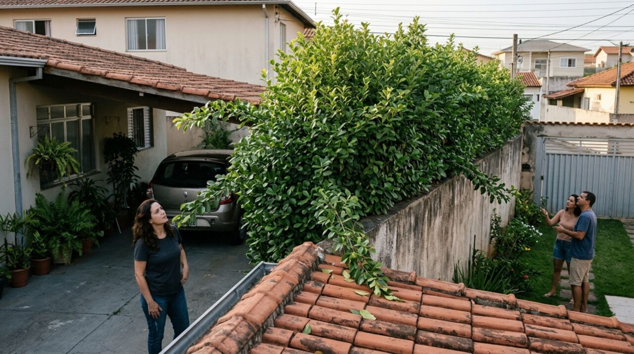 Família instala uma cerca viva alta para impedir a visão da rua e vizinha percebe que as plantas começam a avançar sobre o telhado da sua garagem