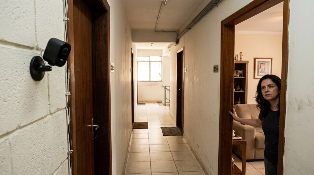 Homem instala câmera na porta do apartamento para vigiar o corredor, vizinha descobre que suas visitas e parte do interior de sua casa aparecem nas gravações e exige a retirada do equipamento