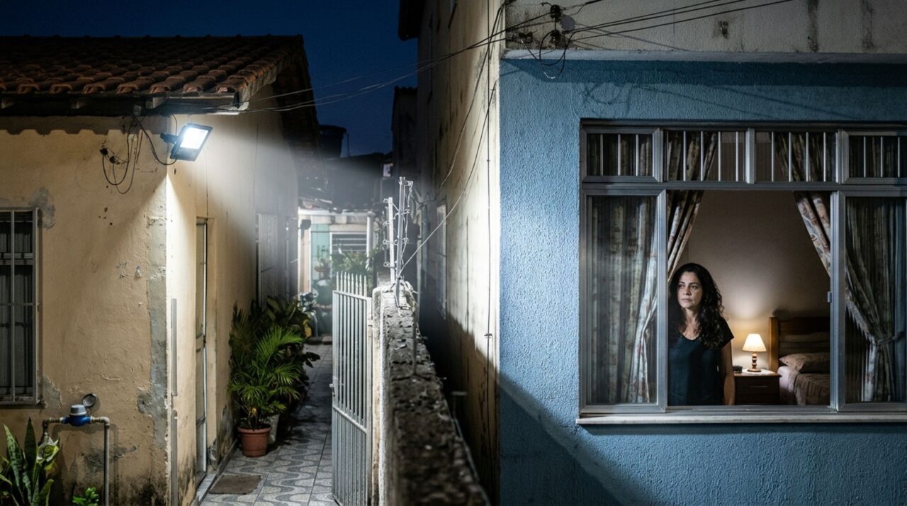 Morador coloca uma luminária com sensor de movimento no corredor externo para evitar invasões, e vizinha percebe que a luz acende toda vez que alguém passa pela janela do quarto