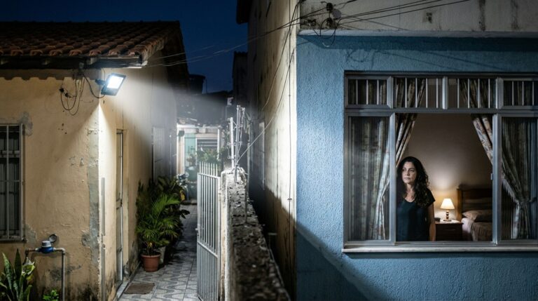 Morador coloca uma luminária com sensor de movimento no corredor externo para evitar invasões, e vizinha percebe que a luz acende toda vez que alguém passa pela janela do quarto