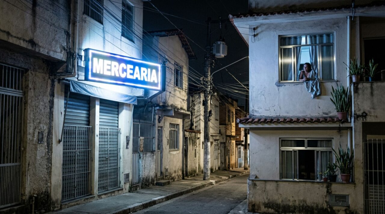 Vizinho coloca um letreiro luminoso na fachada do pequeno comércio e família percebe que as luzes piscam diante das janelas dos quartos durante a madrugada