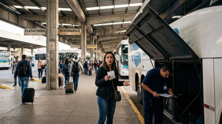 Passageira desembarca de um ônibus interestadual, não encontra a mala com seus documentos e é informada de que todas as bagagens foram entregues, mas a conferência dos canhotos revela que outro viajante retirou um volume sem apresentar a identificação correspondente