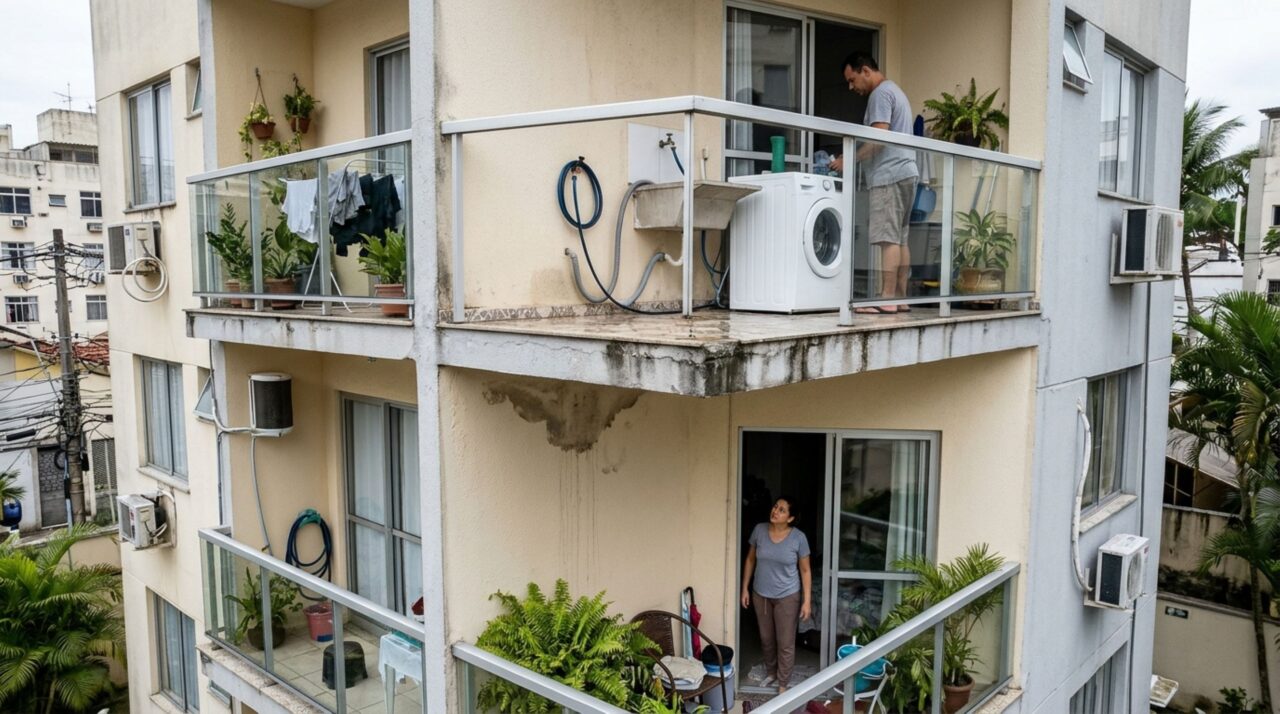 Família coloca uma máquina de lavar na varanda para liberar espaço na cozinha e morador do apartamento inferior percebe água escorrendo pela parede após as lavagens