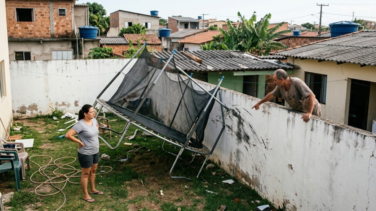 Família monta uma cama elástica perto do muro e, na primeira ventania, vê os pés saírem do lugar e a estrutura bater na divisória