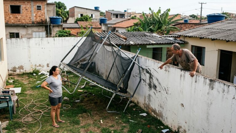Família monta uma cama elástica perto do muro e, na primeira ventania, vê os pés saírem do lugar e a estrutura bater na divisória
