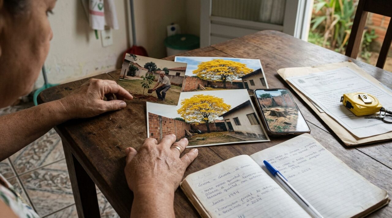Mulher encontra o ipê plantado pelo pai cortado para facilitar a obra do vizinho, exige indenização e reúne fotografias antigas para comprovar a localização e o porte da árvore