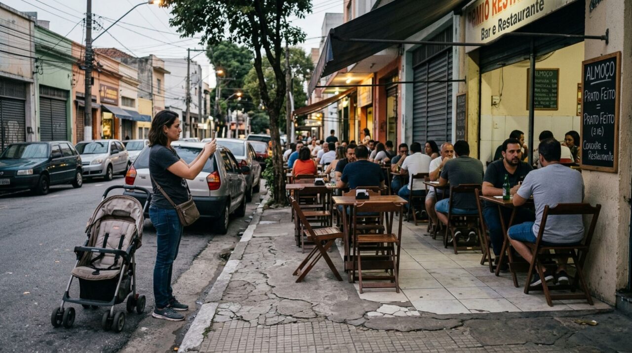 Restaurante amplia o número de mesas na calçada todas as noites, obriga uma mulher com carrinho de bebê a passar pela rua e enfrenta reclamações após uma queda, enquanto fotografias mostram quanto espaço restava para os pedestres