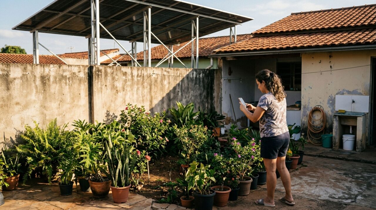 Vizinho instala placas solares sobre uma estrutura elevada no quintal e moradora percebe que o novo conjunto projeta sombra sobre suas plantas durante boa parte da tarde