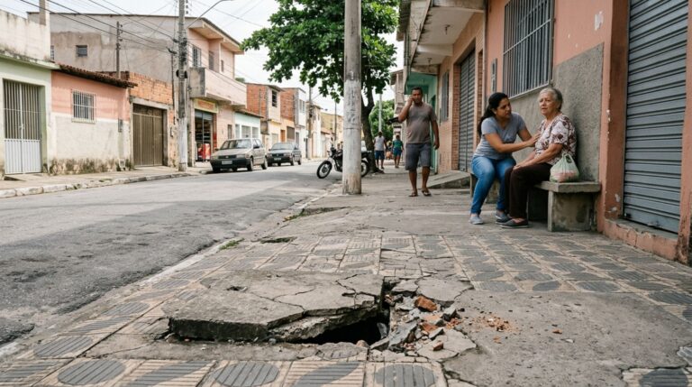 Moradora caminha pela calçada para buscar o neto na escola, cai em uma tampa de bueiro quebrada e precisa de atendimento médico, passando a questionar se a prefeitura deve indenizá-la pelas lesões