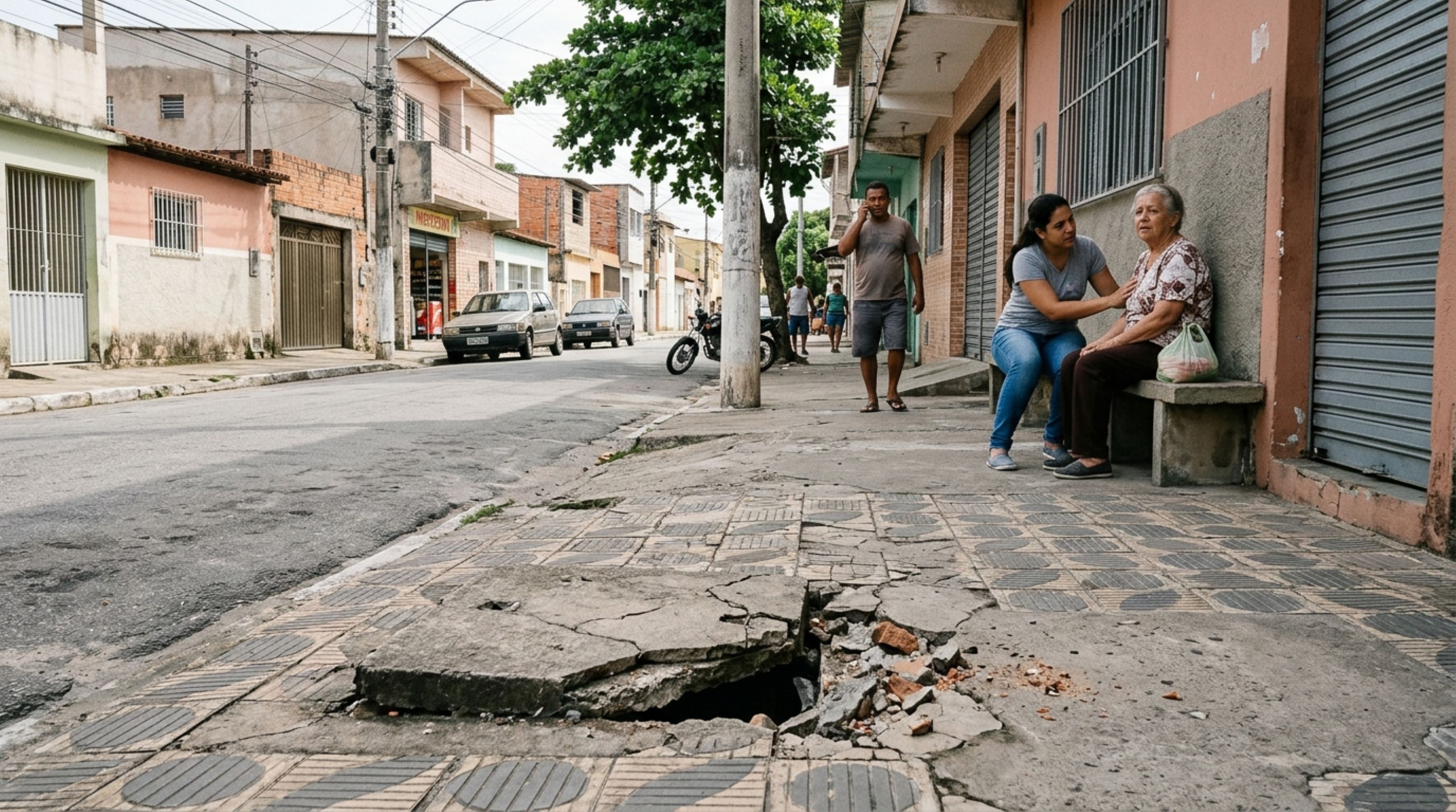 Moradora caminha pela calçada para buscar o neto na escola, cai em uma tampa de bueiro quebrada e precisa de atendimento médico, passando a questionar se a prefeitura deve indenizá-la pelas lesões