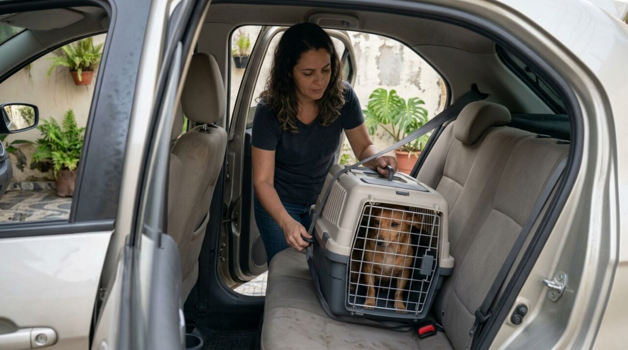 Mulher dirige com o cachorro pequeno no colo porque o animal fica agitado no banco traseiro, é abordada durante o trajeto e descobre por que o tamanho do pet não afasta as regras de segurança