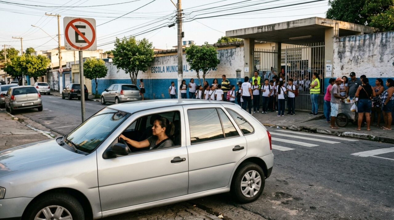 Mãe estaciona o carro em frente à escola para buscar o filho pequeno, permanece dentro do veículo e descobre que esperar com o motor ligado não significa que a parada esteja sempre permitida