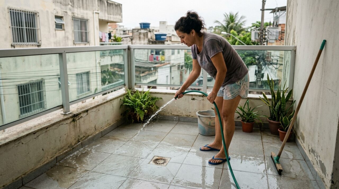 Moradora lava a varanda com mangueira todos os domingos, água começa a infiltrar no apartamento de baixo e vizinho descobre prejuízo de milhares de reais no teto e nos móveis